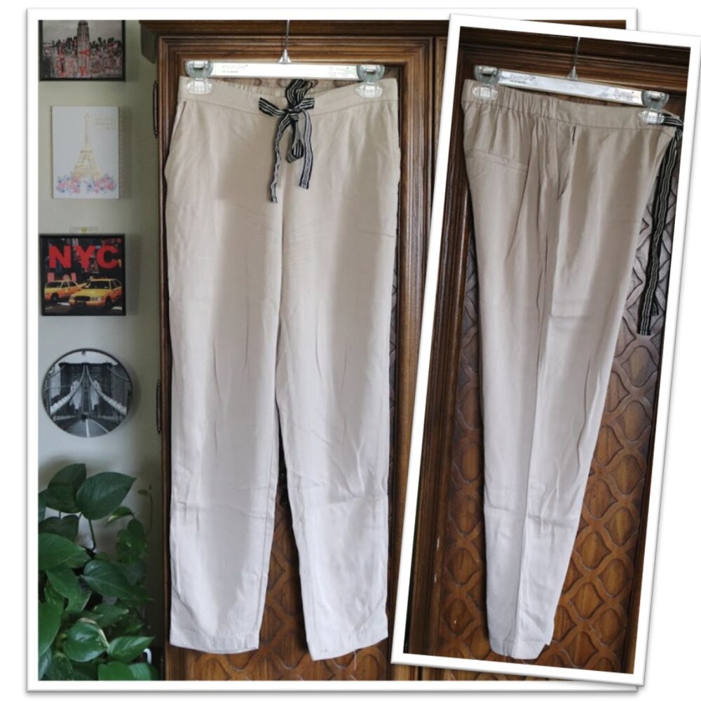 MNG Basics | Slim Tapered Cropped Ankle Drawstring Pants - Khaki Tan, Size XS